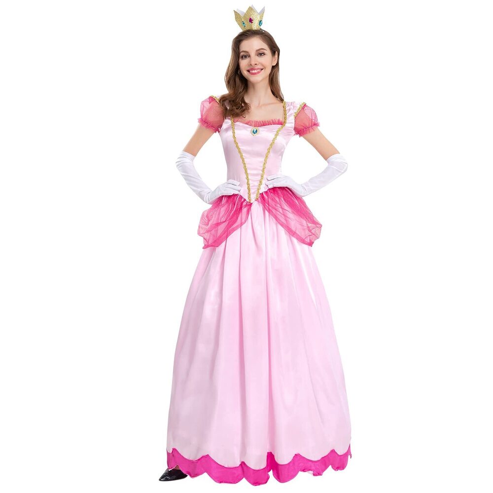 5464 Princess Peach Costume with Crown and Gloves for Adult Halloween